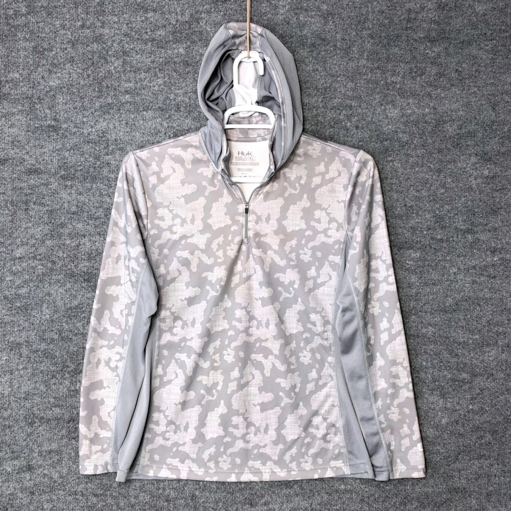 Huk Fishing Pursuit 1/4 Zip Hoodie Grey Camo Performance Shirt Womens XL